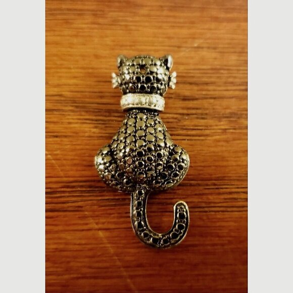 Vintage Black Cat Pendant with Faux Marcasite and Silver Tone Collar - Picture 1 of 4